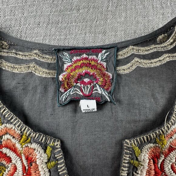 Johnny Was Embroidered Linen Top Women L Gray Floral Tunic Long Sleeve Boho - Picture 7 of 8